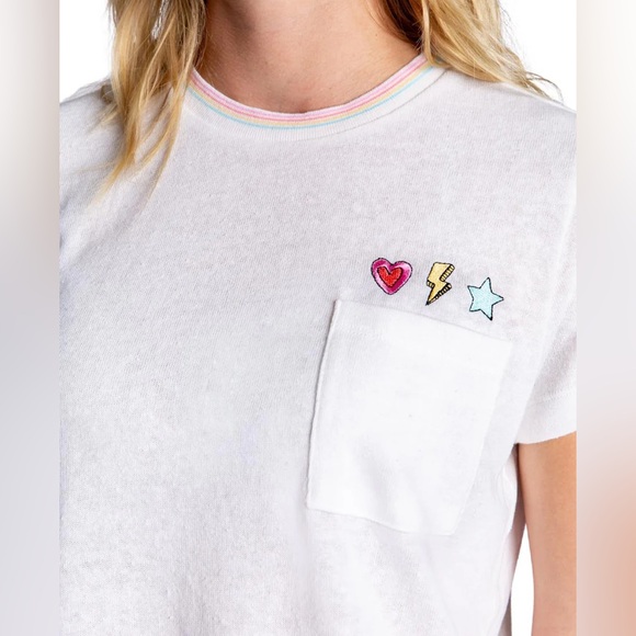 PJ Salvage Large Tee One Love Short Sleeve Embroidered T-shirt Ivory Combo NWT - Picture 4 of 7